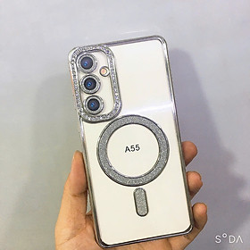 Ốp lưng cho Samsung A15 ,A25 ,A35 ,A55 5G viền màu đính đá, vòng sạc không dây kim tuyến sang trọng ( hàng chính hãng)