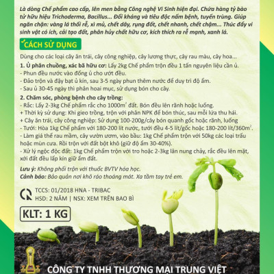 Combo 2 gói Chế phẩm vi sinh Trichoderma TRIBAC. Nấm đối kháng cực mạnh. Ngăn chặn tuyến trùng, nấm bệnh gây vàng lá thối rễ. Ủ phân chuồng hoai mục. Hàng chính hãng. Mới nhất