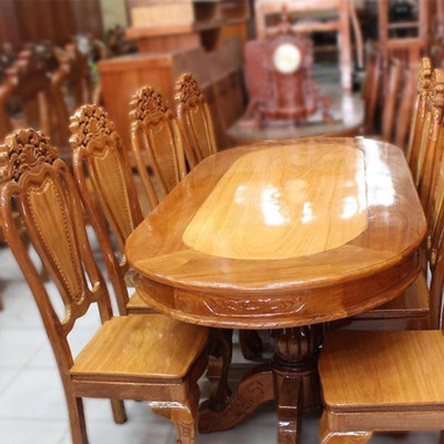 bộ Bàn ăn căm xe mặt gõ hình oval , bàn ăn bằng gỗ 6 ghế