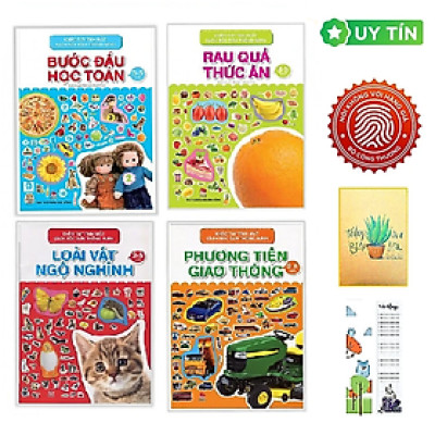 Khéo Tay Tinh Mắt, Sách Bóc Dán Thông Minh - Bước Đầu Học Toán + Rau Quả Thức Ăn + Loài Vật Ngộ Nghĩnh + Phương Tiện Giao Thông - Combo 4 Cuốn (Tặng kèm Bookmark CÚ MÈO + SỔ TAY XƯƠNG RỒNG)