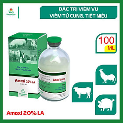 AMOXI 20% LA Thuốc tiêm đặc trị viêm phổi, viêm vú, viêm tử cung, tiết niệu, tác động kéo dài 48h dùng cho chó, mèo, Chai 100ml, sản phẩm Vemedim