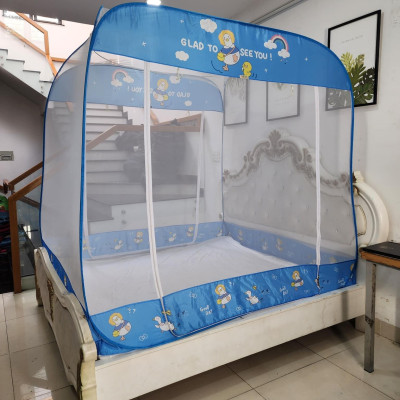 Màn Chụp , Mùng Chụp Đỉnh Vuông Cao Cấp Mộc Miên - Kích Thước 1,6mx2m ( Trắng Viền Xanh )