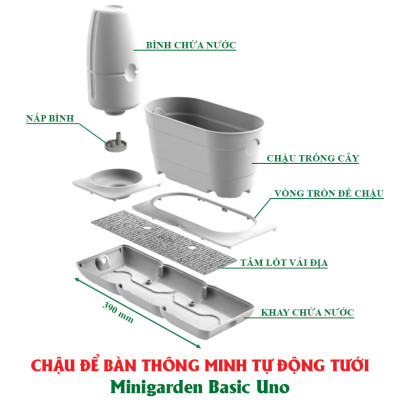 Chậu Trồng Cây Thông Minh Tự Động Tưới Basic Uno, làm bằng chất liệu nhựa PP Chống UV giúp cây phát triển tốt ngay cả trong môi trường nắng nóng, nhập khẩu Châu Âu