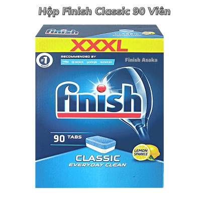 Combo rửa chén Finish: Viên Classic hộp 90 Viên, Muối hộp 4kg, Nước làm bóng 750ml, - Nhập khẩu Châu Âu.