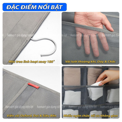 Túi Treo Quần Áo Lót Vải Lưới Nhiều Ngăn Để Đồ Tất Vớ Thoáng Khí Đa Năng Đinh Móc Dán Tường Hamart