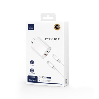 Bộ củ cáp sạc Wiwu Quick 2 in 1 Wi-U002 Type-C to Iphone cho điện thoại thông minh, sạc nhanh 20W, có chip thông minh bảo vệ an toàn sạc - Hàng chính hãng
