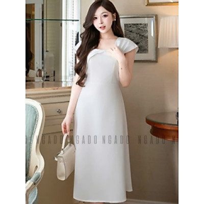 Đầm gấm trắng tay con NGADO , đầm dự tiệc hở vai