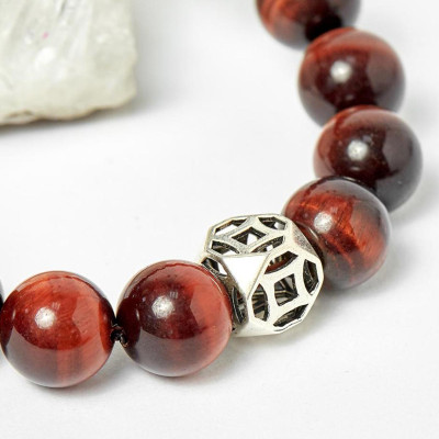 Vòng tay nam đá thạch anh mắt hổ nâu đỏ phối charm bạc 12mm mệnh hỏa, thổ - Ngọc Quý Gemstones