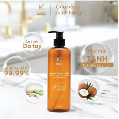 Nước Rửa Chén Enzyme Dừa Konus 500ml – Tinh Dầu Sả Chanh, Khử Mùi, Sạch Dầu Mỡ, Dịu Da Tay