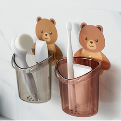 Cốc gấu dán tường đựng bàn chải, kem đánh răng, đồ dùng cá nhân văn phòng siêu chắc có lỗ thoát nước tiện lợi