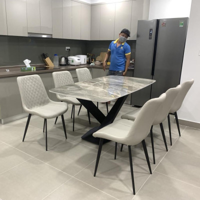 Bộ bàn ăn mặt đá Ceramic bóng chân chéo chữ X kết hợp ghế BÌNH LONG trám