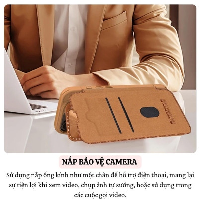 Bao da chống sốc bảo vệ camera cho iPhone 16 Pro / 16 Pro Max hiệu Nillkin Qin ProP - Tích hợp chân đế, ngăn đựng thẻ, Da PU cao cấp - Hàng nhập khẩu
