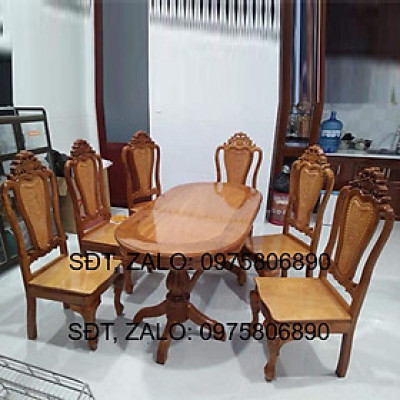bộ Bàn ăn căm xe mặt gõ hình oval , bàn ăn bằng gỗ 6 ghế