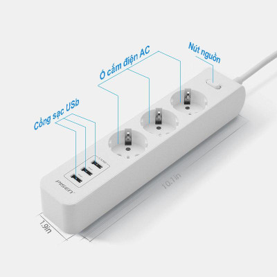 Ổ Cắm Điện Thông Minh 3 Ổ Cắm AC - Pisen 303-EP - Màu Đen