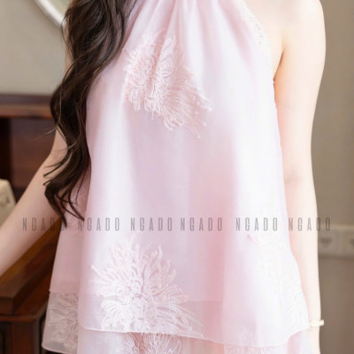 Áo yếm hồng thêu hoa NGADO , ào kiểu nữ , áo hở vai
