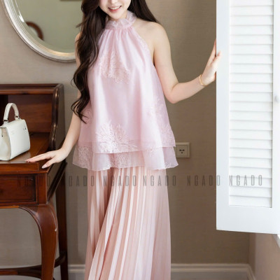 Áo yếm hồng thêu hoa NGADO , ào kiểu nữ , áo hở vai