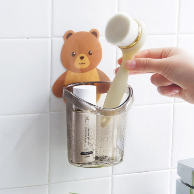 Cốc gấu dán tường đựng bàn chải, kem đánh răng, đồ dùng cá nhân văn phòng siêu chắc có lỗ thoát nước tiện lợi