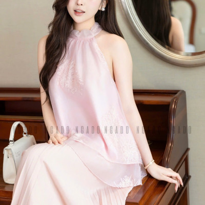 Áo yếm hồng thêu hoa NGADO , ào kiểu nữ , áo hở vai