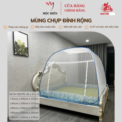 Màn Chụp Cao Cấp Mộc Miên Đỉnh Rộng - Kích Thước 1,6mx2m Hoạ Tiết Trắng Viền Xanh