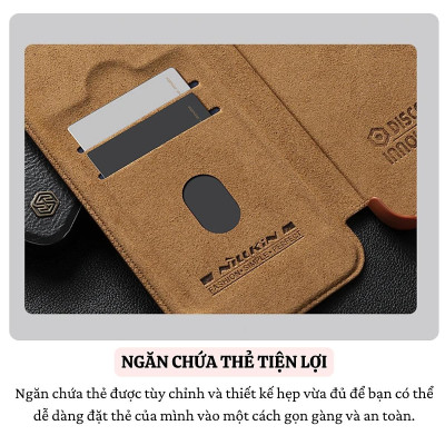 Bao da chống sốc bảo vệ camera cho iPhone 16 Pro / 16 Pro Max hiệu Nillkin Qin ProP - Tích hợp chân đế, ngăn đựng thẻ, Da PU cao cấp - Hàng nhập khẩu