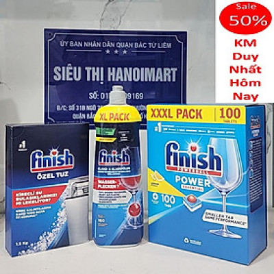Combo 100 viên rửa bát Finish + 1.5kg Muối rửa chén finish + Nước bóng Finish 750ml (Nk Đức)