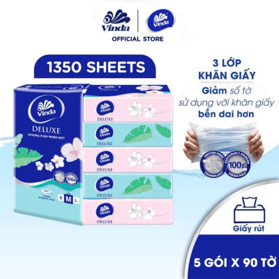 Khăn Giấy Rút Cao Cấp Vinda Deluxe 3 Lớp - M - 90 tờ (5 Gói)