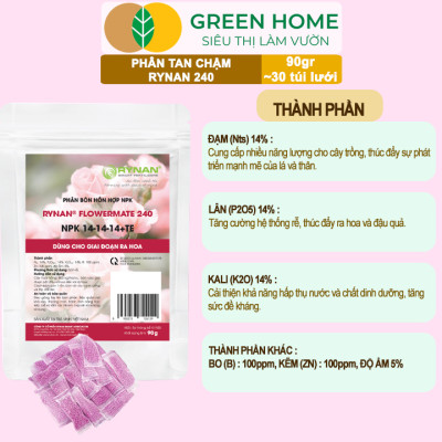 Phân Tan Chậm GreenHome, Rynan 240, Bao 90gr ~ 30 Túi Lưới 3gr, Dùng Cho Hoa Hồng Ra Hoa Đều Và Rực Rỡ