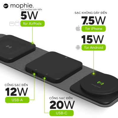 Đế sạc mophie Snap+ multi-device travel, sạc không dây sạc nhanh, BH 2 năm 1 đổi 1 - Hàng chính hãng
