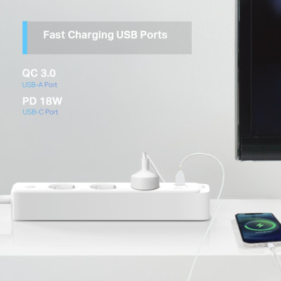 Ổ cắm Wifi thông minh TP-Link Tapo P300 - Hẹn giờ, điều khiển từ xa, 3 ổ cắm độc lập, cổng sạc nhanh 18W, tương thích Homekit - Hàng chính hãng