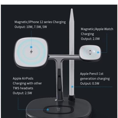 Sạc Không Dây Wiwu Power Air M8 4 In 1 Dùng Cho Iphone, Pencil, Alpple Watch, Tai Nghe Sạc Nhanh 15W - Hàng Chính Hãng