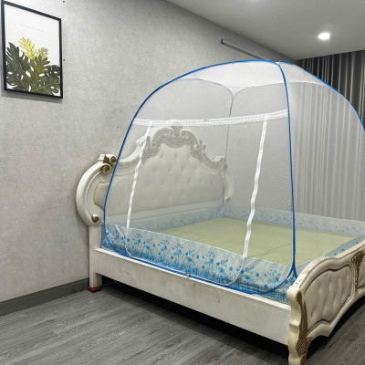 Màn Chụp Cao Cấp Mộc Miên Đỉnh Rộng - Kích Thước 1,6mx2m Hoạ Tiết Trắng Viền Xanh