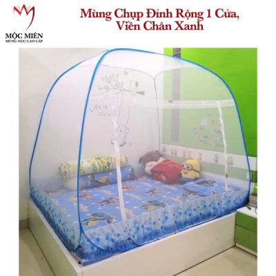 Màn Chụp , Mùng Chụp Cao Cấp Mộc Miên Đỉnh Rộng - Kích Thước 1,4mx2m ( Trắng Viền Xanh )