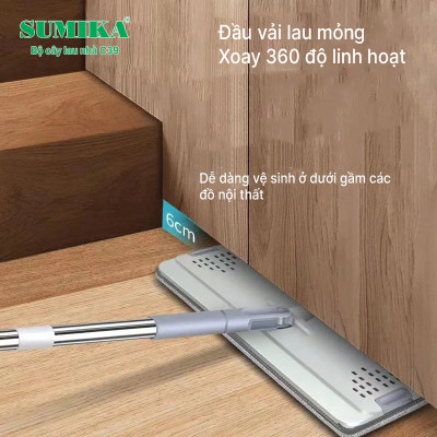 Bộ cây lau nhà SUMIKA C39, thùng lau nhà 2 ngăn tự vắt thông minh, chổi lau sàn nhà 360 độ, 2 bông lau, 1 móc treo cây lau sàn