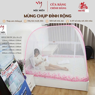 Màn Chụp , Mùng Chụp Cao Cấp Mộc Miên Đỉnh Rộng - Kích Thước 1,8mx2m Hoạ Tiết Hoa Lá Trắng Viền Hồng ( Hà Nội )