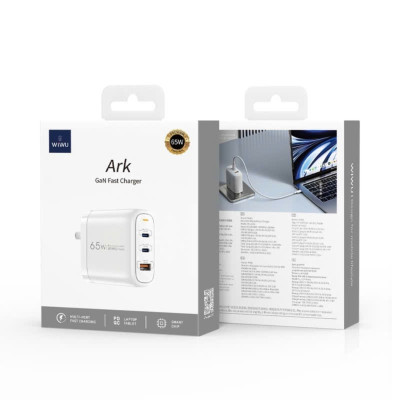 Adapter cóc củ sạc nhanh 65W 2 PD 3.0 USB C + USB-A QC3.0 hiệu WIWU ARK - PPS chống cháy, Chip AI điều chỉnh dòng sạc  cho iPhone iPad Oppo Samsung cho Macbook, Laptop - Hàng nhập khẩu