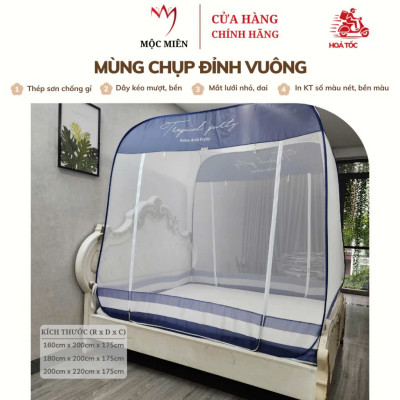 Màn Chụp Cao Cấp Mộc Miên Đỉnh Vuông - Xanh Xám 3 Đường Kẻ ( video , hình thật )