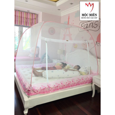 Màn Chụp , Mùng Chụp Cao Cấp Mộc Miên Đỉnh Rộng - Kích Thước 1,8mx2m Hoạ Tiết Hoa Lá Trắng Viền Hồng ( Hà Nội )