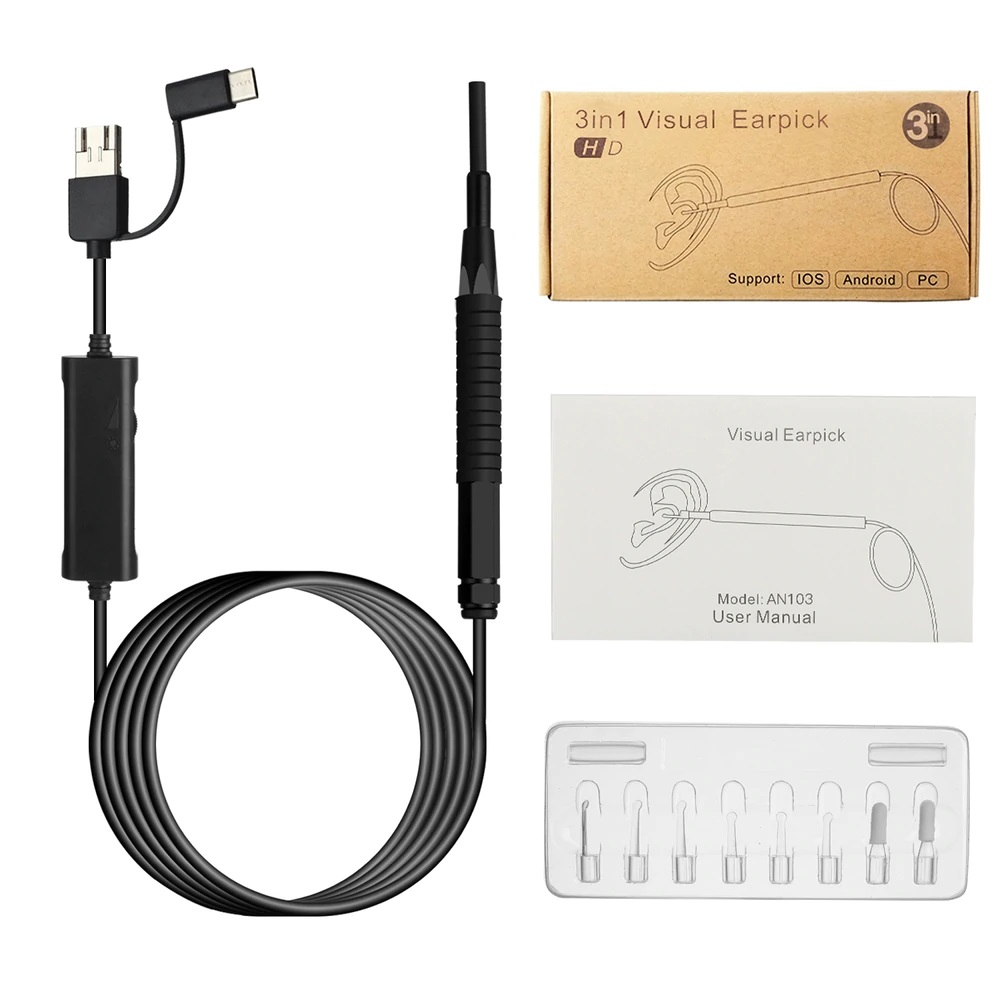 ROGTZ - Camera Nội Soi Tai Mũi Họng AN103 Hình Ảnh HD Sắc Nét Tích Hợp Đèn LED Tiện Ích 3 Trong 1 USB Micro USB TypeC Kết Nối Dễ Dàng Android Window Bộ Đầu Lấy Ráy Tai Sức Khỏe Tai Mũi Họng Tại Nhà Trẻ Em Phụ Huynh - Hàng Chính Hãng
