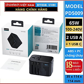 Củ sạc Choetech PD5009 du lịch đa năng công suất cao 65W (2 USB C+ 1 USB A) (Hàng chính hãng)
