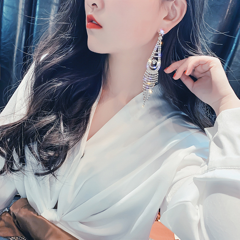 Bông tai khuyên đính đá dáng dài sexy pha lê rhinestone