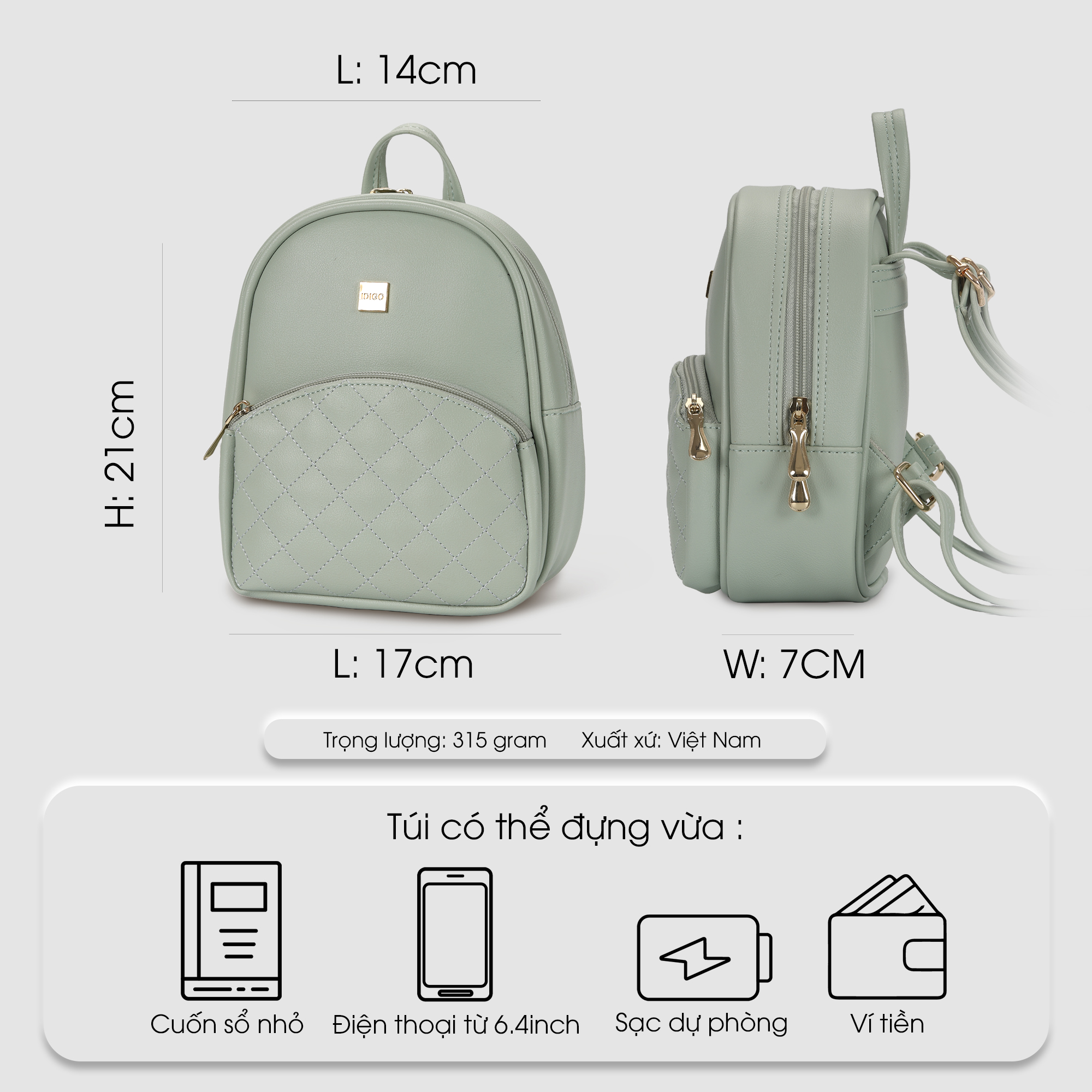 Balo da nữ đi chơi, ba lô công sở nhỏ gọn xinh xắn IDIGO FBP2 - 2021