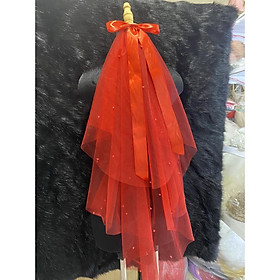 Voan cài tóc cô dâu đỏ nơ phi dài đính hạt trai chiều dài 90cm Giangpkc