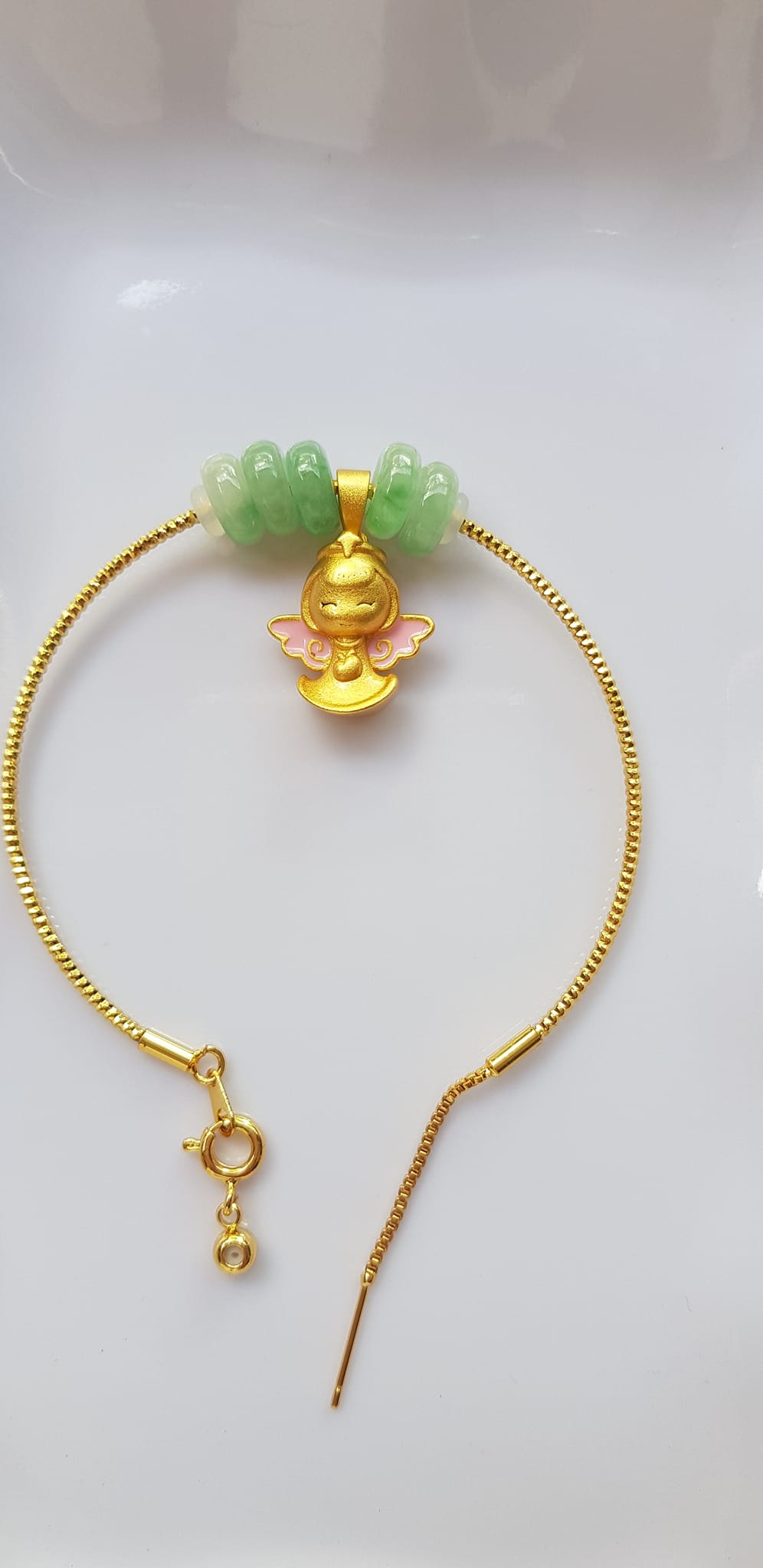 Vòng Tay charm xinh đẹp 5 đồng tiền đá cẩm thạch tự nhiên Vòng phối charm hình bé thiên thần vòng màu vàng khoen rút xinh Nữ đeo dễ thương ạ