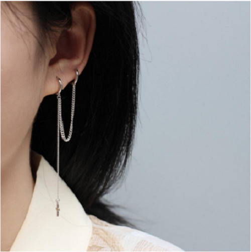 Bông tai dây chuyền hai đầu xỏ lỗ tròn đuôi chữ thập nhỏ tinh xảo thời trang