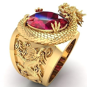 Bộ Nhẫn Khắc Rồng Hoàng Long Mạ vàng 18K, đính đá Hồng Ngọc, Kèm túi Nhung