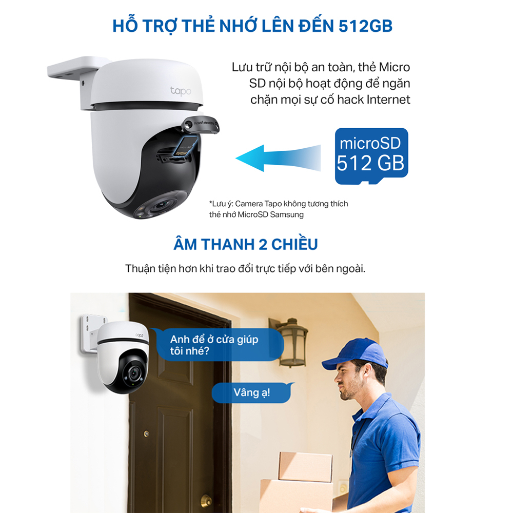 Camera WiFi Ngoài trời TP-Link Tapo C510W - Độ phân giải 2K 3MP, Đầy đủ màu ban đêm, Quay quét 360, Đàm thoại 2 chiều - HÀNG CHÍNH HÃNG