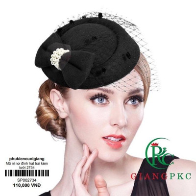 Mũ nỉ đính nơ hạt trai kèm lưới che mặt sp002734