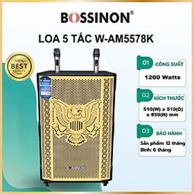 Loa kéo 5 tấc Bossinon W-AM5578K - _Kích thước: 510 (W) x 510 (D) x 840 (H)mm _Công suất: 1200Watts- Hàng chính Hãng