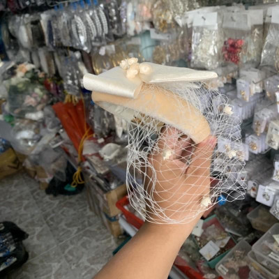Mũ nons công nương chụp hình chất liệu nhung màu kem da nơ hoa lưới giangpkc sp220682