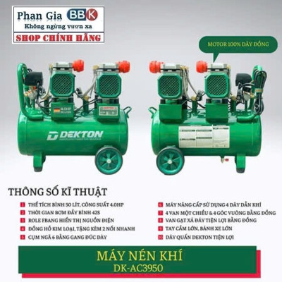 Máy Nén Khí 4HP/50L Dekton Khong Dầu / DK-AC3950 / 42 Giây Đầy Bình, 100% Dây đồng, BH chính hãƞg